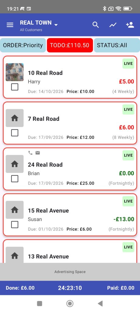 Cleaning Pal Homepage with a list of clickable customers