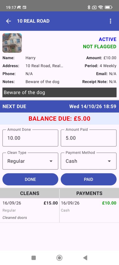 Customer work screen which shows a lot of customer dteails and past payments. This is where a customer cleans and balances are updated